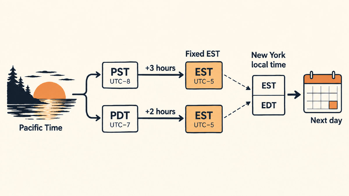 Conversion diagram showing that PST to fixed EST adds three hours and PDT to fixed EST adds two hours, with New York local time distinguished separately.