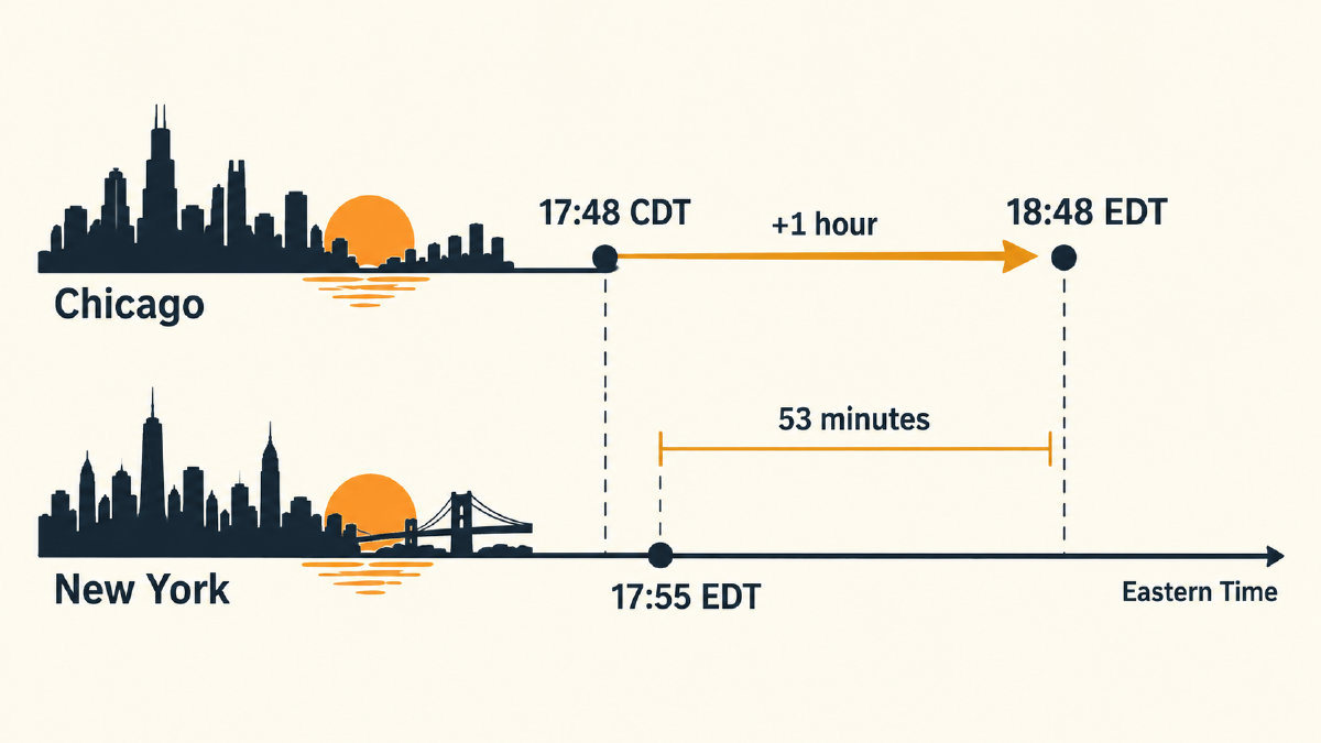 October 31, 2026 sunset comparison: Chicago's 17:48 CDT equals 18:48 EDT, 53 minutes after New York's 17:55 EDT sunset.