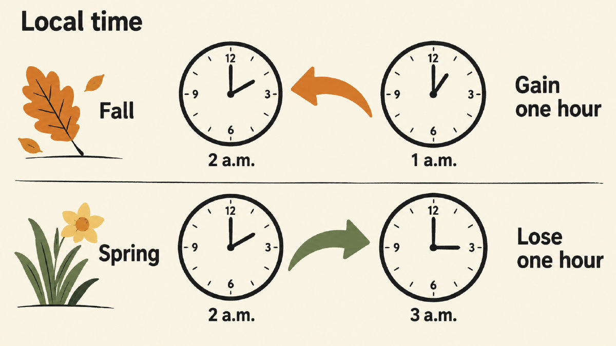 Diagram showing fall clocks moving from 2 a.m. back to 1 a.m. and spring clocks moving from 2 a.m. forward to 3 a.m., in local time.